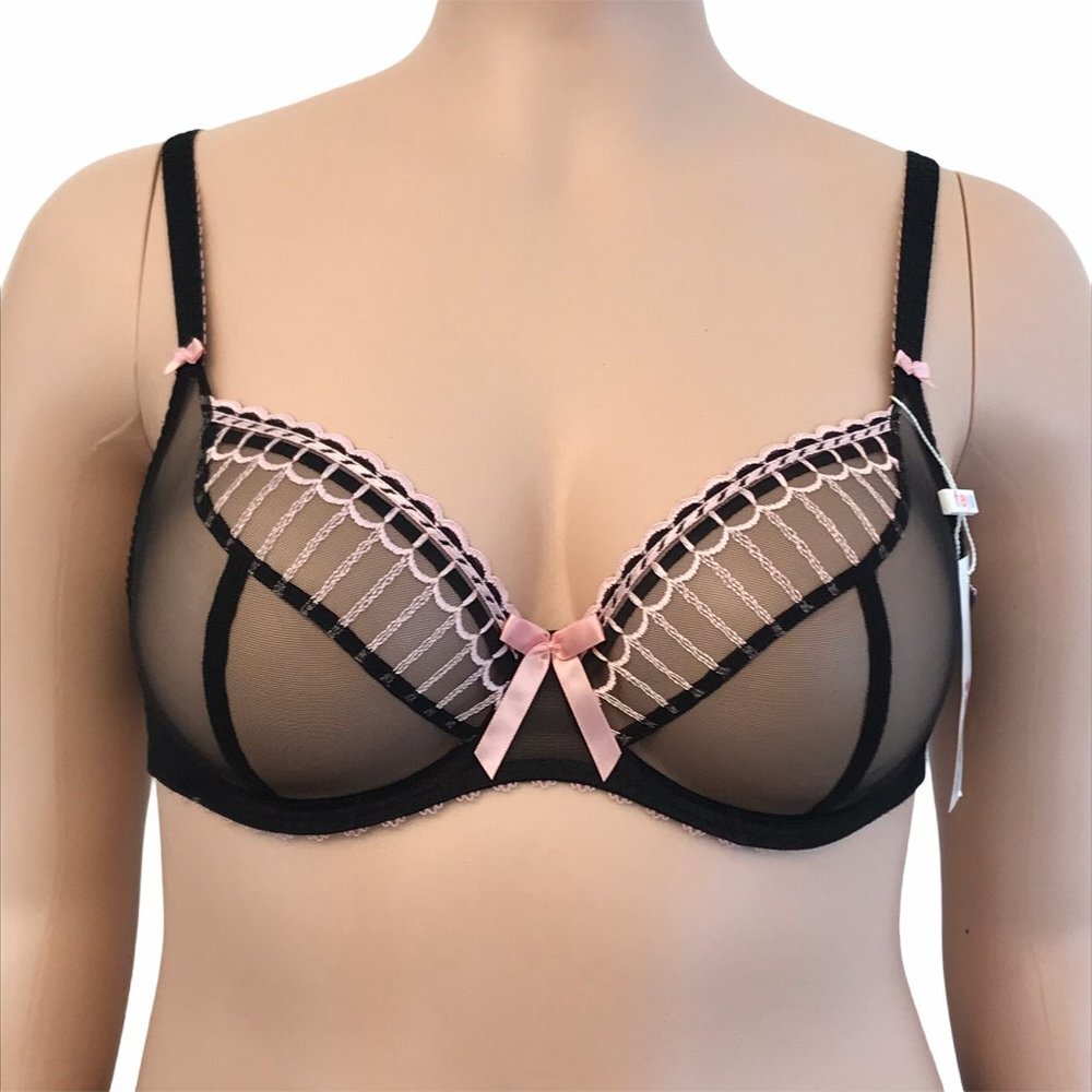 Freya Arabella Sheer Unlined Plunge Underwire Bra Black Full Bust 34DDD (UK 34E)